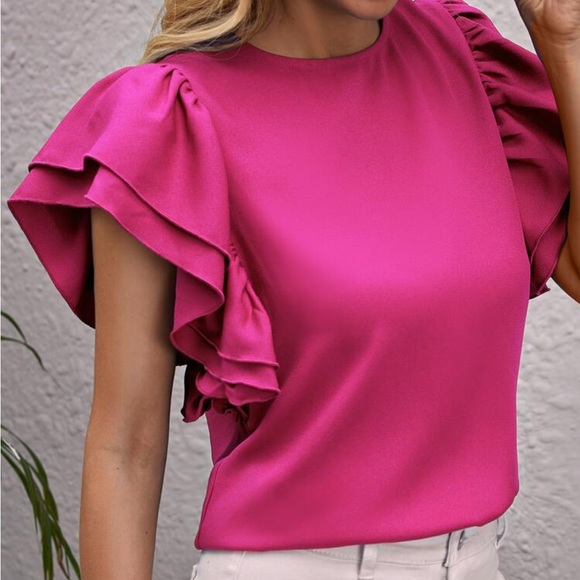 Classic Flutter Butterfly Sleeve Top Blouse Shirt Blue - Picture 6 of 16